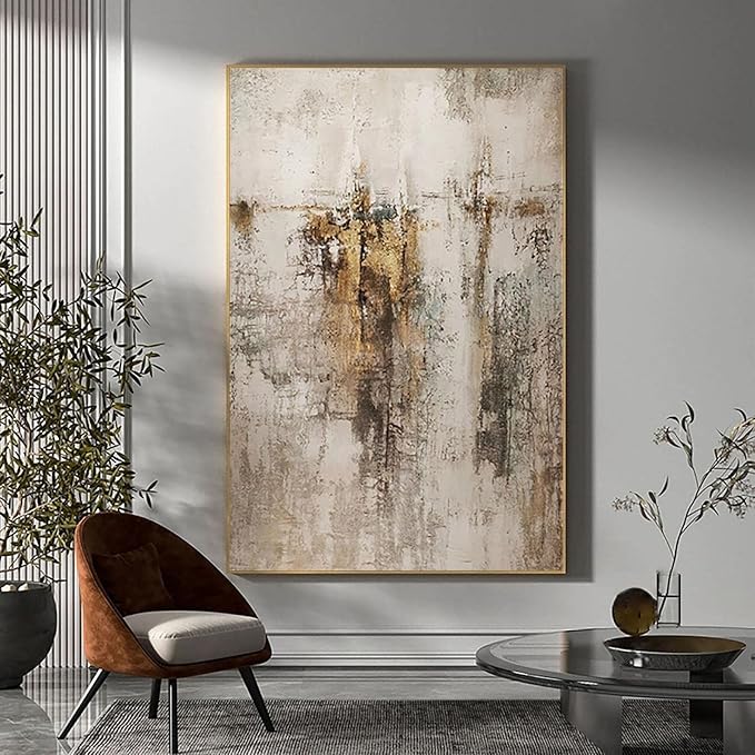 Large framed abstract wall art in gold and neutral tones