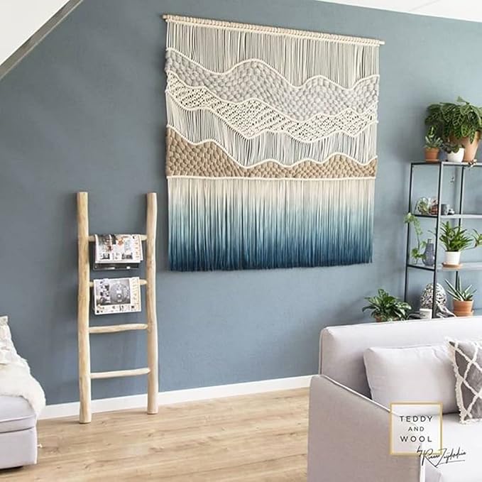Hand-woven macrame wall hanging, cream dip-dyed to blue